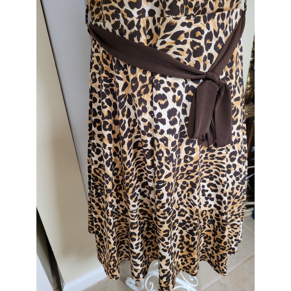 Leopard Print Keyhole Neck Puff Sleeve Belted A-Line Dress BOHO Brown/Tan Size M - Picture 3 of 6